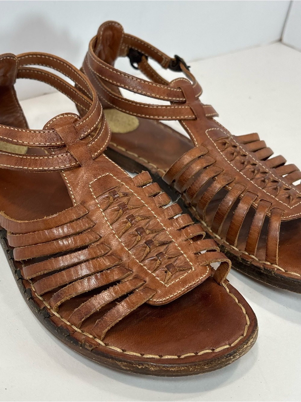 Frye Kayla Huarache Sandal Womens 6.5 Brown Leather Woven Ankle Strap Gladiator